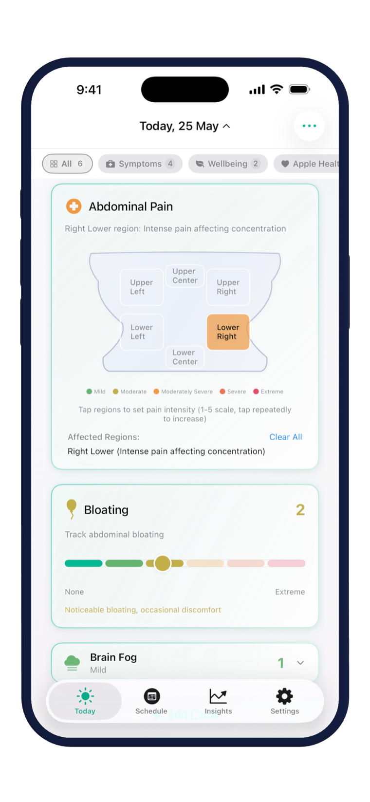 Tract symptom tracking with body-region pain mapping